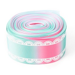 Aquamarine Polyester Printed Grosgrain Ribbon, Single Face Lace Pattern, for DIY Handmade Craft, Gift Decoration , Aquamarine, 1-1/2 inch(38mm), 10 yards/roll(9.14m/roll)