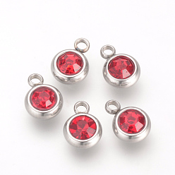 Mixed Color 201 Stainless Steel Rhinestone Charms, Birthstone Charms, Flat Round, Stainless Steel Color, Mixed Color, 8.5x6x3mm, Hole: 1.5mm
