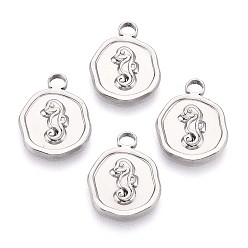 Нержавеющая Сталь Цвет Не тускнеющие 304 подвески из нержавеющей стали, плоские круглые с морской конек, цвет нержавеющей стали, 16x13x2 мм, отверстие : 2 мм