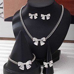 Серебро Комплекты из сплава с бантами, серег-гвоздиков, ожерелий и колец для женщин, серебряные, Ожерелья: 360 mm