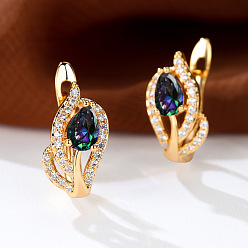 Разноцветный Латунные микро проложить серьги обруча кубического циркония, слеза, золотой свет, красочный, 16x7 мм