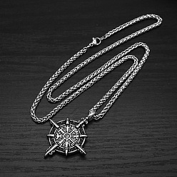Antique Silver Vintage 304 Stainless Steel Viking Compass Pendant Necklaces for Men, Antique Silver, 23.62 inch(60cm)
