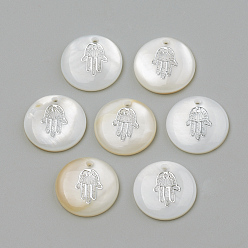 Платина Подвески из пресноводных оболочек, плоский круглый & hamsa рука / рука fatima / рука miriam, платина, 16x3.5~4 мм, отверстие : 1.2 мм