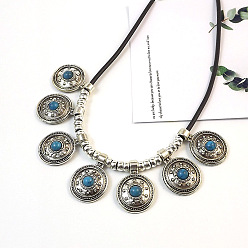 Плоский Круглый Ожерелья-нагрудники из сплава паве, окрашенного в этническом стиле, с синтетической бирюзой, античное серебро, плоско-круглые, 17.72 дюйм (45 см)
