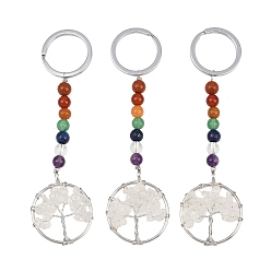 Quartz Crystal Gemstone and Natural Quartz Crystal Chakra Keychain, with Iron Key Rings and Brass Pendants, Ring with Tree of Life, Platinum, 110mm