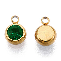 Emerald Vacuum Plating 201 Stainless Steel Rhinestone Charms, Birthstone Charms, Flat Round, Real 18K Gold Plated, Emerald, 8.5x6x3mm, Hole: 1.5mm