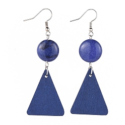 Lapislazuli Ohrringe, mit natürlichen weißen Jade Perlen, Nachahmung Lapislazuli, gefärbte Birnenholzanhänger und Messingohrringhaken, flache Runde und Dreieck, 73 mm, Stift: 0.7 mm