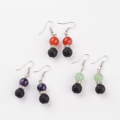 Mixed Stone Natural Lava Rock Dangle Earrings, with Gemstone Beads, Brass Rhinestone Findings and Earring Hooks, 47mm, Pin: 0.6mm