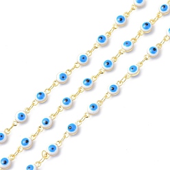 Golden Brass & Enamel Link Chains, Long-Lasting Plated, Evil Eye, Unwelded, with Spool, Golden, 9x4.5x4mm, about 10.93 yards(10m)/roll