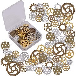 Mixed Color Tibetan Style Alloy Pendants/Links, Gear, Mixed Color, 8.2x8.2x2.7cm, Gear: 16~39x1~2mm, 90pcs/box