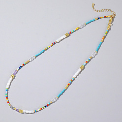 Светло-Голубой Ожерелья из натуральных ракушек и стекла в этническом стиле с радужными цветами и стеклянными бусинами для женщин, золотые, Небесно-голубой, 16.54 дюйм (42 см)