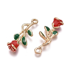 Rouge Pendentifs en émail , pour Saint Valentin, fleurs roses, or, rouge, 28x10x5mm, Trou: 2mm