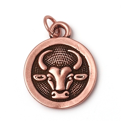 Телец Латунные подвески, с прыжковых колец, долговечный, плоский круг со знаком 12 созвездия / зодиака, античный розового золота, Телец, 18.5x15x2 мм, переходное кольцо: 5x0.7 мм, внутренний диаметр: 3.6 мм