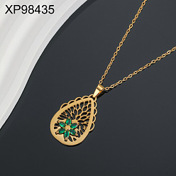 Teardrop 304 Подвеска-колье из нержавеющей стали с зелеными кубическими циркониями, выполненная в технике ажурной инкрустации, для женщин., золотые, слеза, 17.72 дюйм (45 см), Кулон : 30 мм