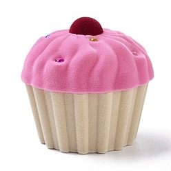 Pearl Pink Velvet Ring Boxes, with Plastic and Rhinestone, Cupcake, Pearl Pink, 6x5.75cm