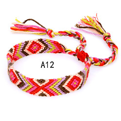 Brown Cotton Braided Rhombus Pattern Cord Bracelet, Ethnic Tribal Adjustable Brazilian Bracelet for Women, Brown, 5-7/8~14-1/8 inch(15~36cm)