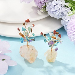 Цитрин Натуральные смешанные драгоценные камни щепки дерево жизни витрина украшения, основа из натурального цитрина с медной проволокой, фен-шуй энергетический камень подарок для домашнего офиса украшение рабочего стола, 20~30x12.5~20x62~72 мм