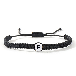 Letter P Плоские круглые браслеты из плетеных бусин из смоляных бусин с буквенным узором, регулируемые плетеные браслеты из хлопкового шнура для мужчин и женщин, Письмо P, 11.02 дюйм (28 см)