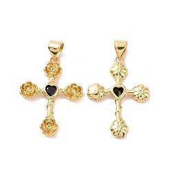 Черный Крест с цветком, латунь, микропаве, кубический цирконий, подвески, без кадмия, без никеля и без свинца, реальный 18 k позолоченный, чёрные, 25.5x18.5x3 мм, отверстие : 3.5x5 мм
