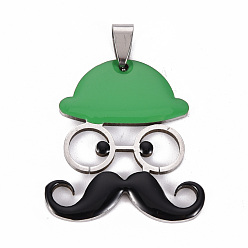 Green 201 Stainless Steel Enamel Pendants, Human with Mustache and Hat, Green, 35x31.5x2mm, Hole: 8x4mm