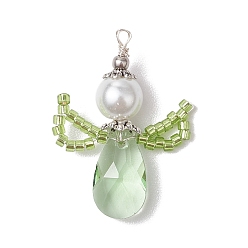 Темный Морско-зеленый Стеклянные подвески, ангельские прелести, со стеклянной жемчужной бусиной и 304 шовными бусинами из нержавеющей стали и петлей, граненые, темно-зеленый, 32.5~33x22~25x8 мм, отверстие : 1.8 мм