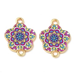 Cerise Printed Alloy Enamel Connector Charms, Flower Links, Light Gold, Cerise, 14x18x1.5mm, Hole: 1.5mm