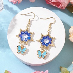 Синий Цветок с бабочкой 304 серьги-подвески из нержавеющей стали и стеклянных бусин, с нитью из нейлоновой проволоки, сплава и эмали, золотые, синие, 57x24 мм