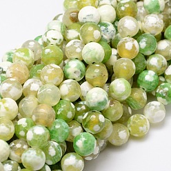 Зелено-Желтый Нити граненых круглых бус из окрашенного натурального огненного агата с кракле, зеленый желтый, 8 мм, отверстие : 1 мм, около 47 шт / нитка, 14~14.5 дюйм