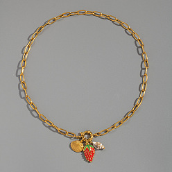 Настоящее золото 18K Европейский стиль 304 Женские ожерелья с подвесками в виде красной клубники и натуральных ракушек из нержавеющей стали, реальный 18 k позолоченный, 16.54 дюйм (42 см)