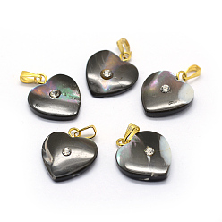 Золотой Подвески из раковины, с латунной фурнитурой и горным хрусталем, сердце, кристалл, окрашенные, золотые, 18~19x15x3~5 мм, отверстие : 2x5 мм
