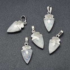 Лунный Камень Естественно лунный подвески, с длинными латунными накладками, граненые, наконечник, серебряные, 18.5x8~10x5 мм, отверстие : 3.5x5.5 мм