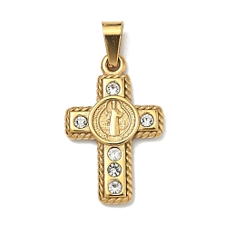 Cross 304 из нержавеющей стали Кристалл Rhinestone подвески, религия прелести, с 201 защелкой из нержавеющей стали на поручнях, ионное покрытие (ip), крест святого бенедикта, 27.5x17.5x3 мм, отверстие : 5.5x3.2 мм
