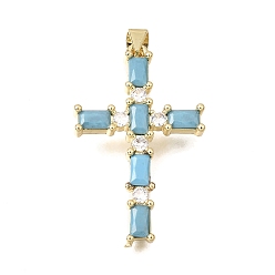 Light Blue Brass Pave Cubic Zirconia Pendants, Cross with Rectangle Charms, Long-Lasting Plated, Cadmium Free & Lead Free, Real 18K Gold Plated, Light Blue, 32.5x20.5x3.5mm, Hole: 4x3.5mm