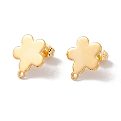 Real 24K Gold Plated 201 Stainless Steel Stud Earring Findings, with 304 Stainless Steel Pins, Horizontal Loops and Ear Nuts, Flower, Real 24K Gold Plated, 14x12mm, Hole: 1.2mm, Pin: 0.8mm