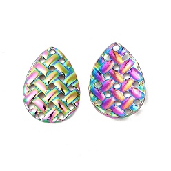 Rainbow Color Ion Plating(IP) 304 Stainless Steel Pendants, Braided Texture Teardrop Charms, Rainbow Color, 24x16.5x2.5mm, Hole: 1.5mm
