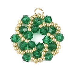 Green Imitate Austrian Crystal Bicone Glass Beaded Pendants, Flower Charms, with Seed Beads and 304 Stainless Steel Jump Rings, Faceted, Green, 21x22x3.5mm, Hole: 3mm