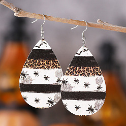 Черный Серьги из искусственной кожи на Хэллоуин, с подвесками из нержавеющей стали, слезинка с пауком, чёрные, 75x35 мм