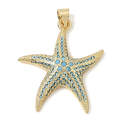 Sky Blue Brass Micro Pave Cubic Zirconia Pendants, Starfish Charms, Rack Plating, Long-Lasting Plated, Cadmium Free & Lead Free, Real 18K Gold Plated, Sky Blue, 29x26x5mm, Hole: 5x3.5mm