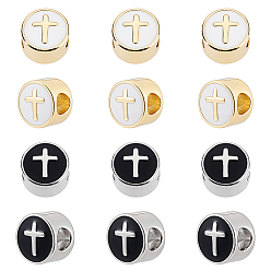 Платиновый & Золотой 12шт 2 цвета латунные европейские бусины, с эмалью, бусины с большим отверстием, стойки покрытие, плоские круглые с крестом, платиной и золотом, 11x8 мм, отверстие : 5 мм, 6 шт / цвет