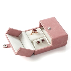 Pink Бархатный двойной открытый комплект ювелирных изделий для хранения подарочных коробок для колец, серег, подвесок, ожерелий, прямоугольные, розовые, 9x7.5x4 см