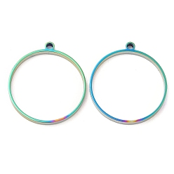 Rainbow Color 304 плоские круглые подвески с открытой задней панелью из нержавеющей стали, для diy уф смолы, эпоксидная смола, Прессованные цветочные украшения, Радуга цветов, 33x30x3 мм, отверстие : 2.2 мм, внутренний диаметр: 27.8 мм