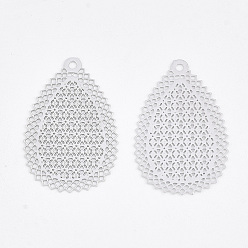 Platinum Brass Pendants, Etched Metal Embellishments, Long-Lasting Plated, Teardrop, Platinum, 26x16.5x0.3mm, Hole: 1.2mm