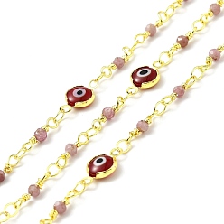 Red Handmade Glass Flat Round with Evil Eye Link Chains with Natural Tourmaline Beaded, with Gold Plated Brass Chains, Soldered, with Spool, Red, 13x7x3mm