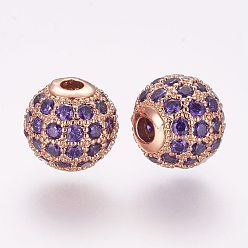Фиолетовый Латунные микро проложить кубического циркония бусы, круглые, фиолетовые, 8x7.5 мм, отверстие : 1.8 мм