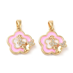 Настоящее золото 18K Латунные микропаве прозрачные подвески с фианитом, без кадмия, без никеля и без свинца, с эмалью, цветок с бабочкой, реальный 18 k позолоченный, 15.5x15.5x4 мм, отверстие : 4.5x2.5 мм