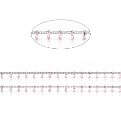 Pink Brass Handmade Beaded Chain, Curb Chains, with Enamel, Long-Lasting Plated, Unwelded, with Spool, Pink, 2x1.5x0.8mm, Charm: 6x2x2mm, about 32.8 Feet(10m)/roll