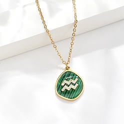 Водолей 304 ожерелья с подвесками в виде созвездий из нержавеющей стали с микропаве из кубического циркония, с синтетическим малахита, золотые, Водолей, 17.72 дюйм (45 см) в длину + 50 удлинитель мм