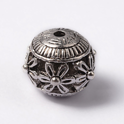 Antique Silver Round Tibetan Style Alloy Hollow Beads, Antique Silver, 15x14mm, Hole: 2mm