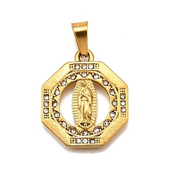 Polygon 304 подвески из нержавеющей стали, со стразами, религиозная тема, вакуумное покрытие pvd, очарование леди Гваделупской, золотые, многоугольник, 23x20x2.5 мм, отверстие : 3x6.5 мм