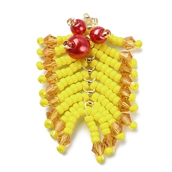 Yellow MIYUKI Rocailles Beaded Pendents, with Glass Pearl Round Beaded, Leaf Charms, Yellow, 36~38x25~27x8mm, Hole: 0.7mm